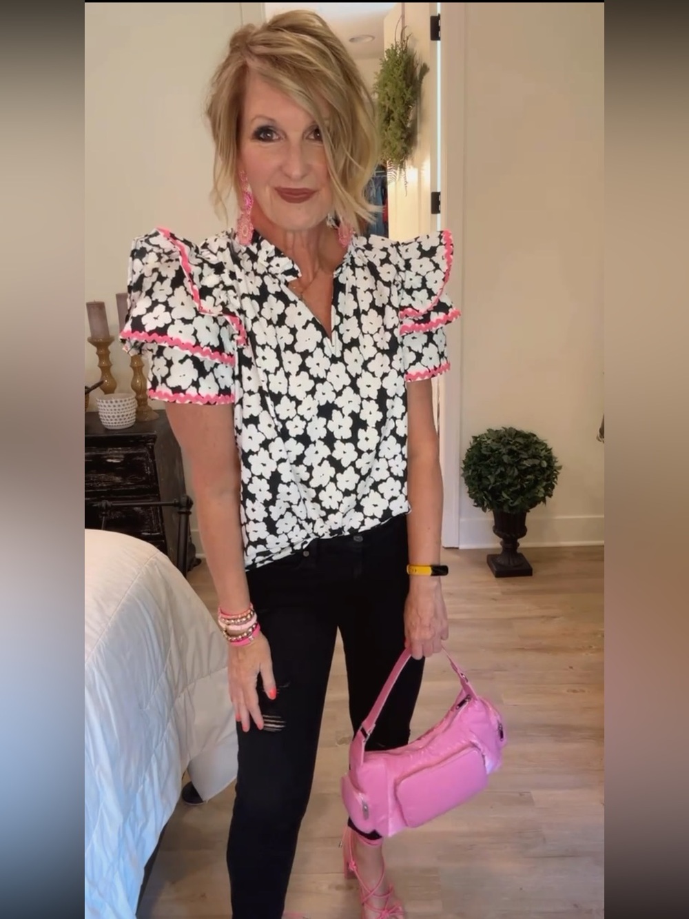 Black & White Floral Puff Sleeve Blouse with Pink Trim